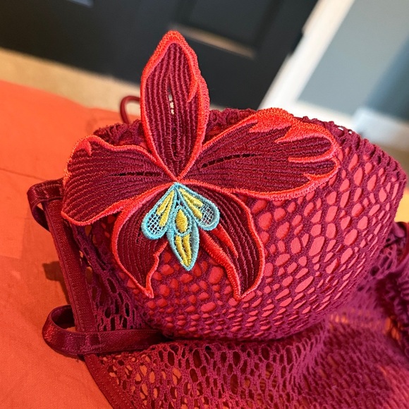 Victoria's Secret Other - RARE VS, Open back Maroon Mesh Bandeau Bodysuit w/ Tropical Flower Detail